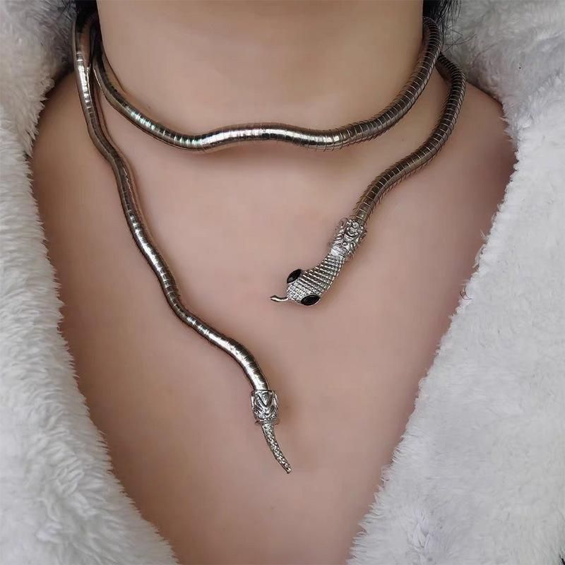 Adjustable Punk Snake Choker Necklace & Flexible Wrap Bracelet Collar Setllar - Silver