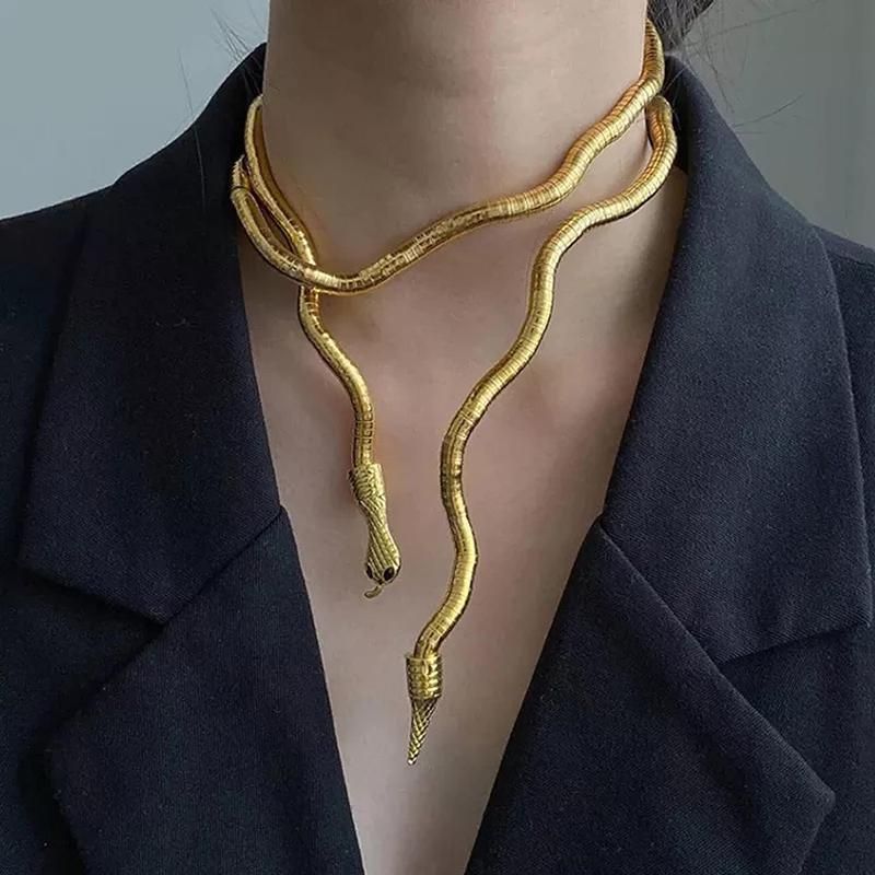 Adjustable Punk Snake Choker Necklace & Flexible Wrap Bracelet Collar Setllar - Silver