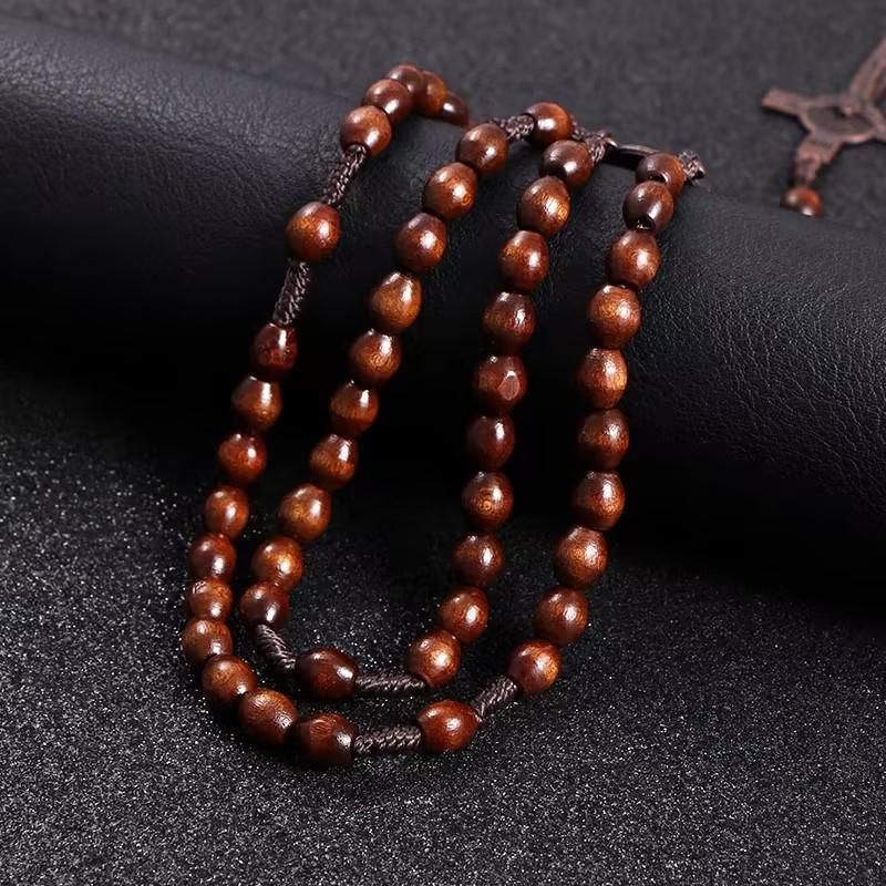 1PC Wooden Rosary Beads Necklace Christian Cross Catholic Rosary Beads