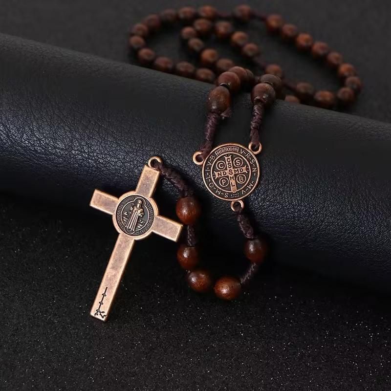 1PC Wooden Rosary Beads Necklace Christian Cross Catholic Rosary Beads
