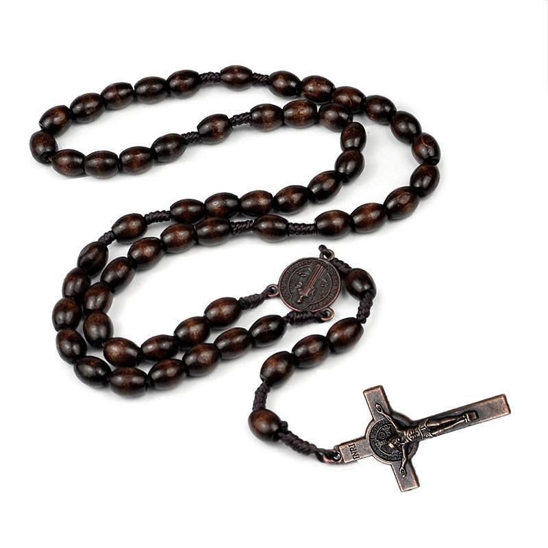 1PC Wooden Rosary Beads Necklace Christian Cross Catholic Rosary Beads