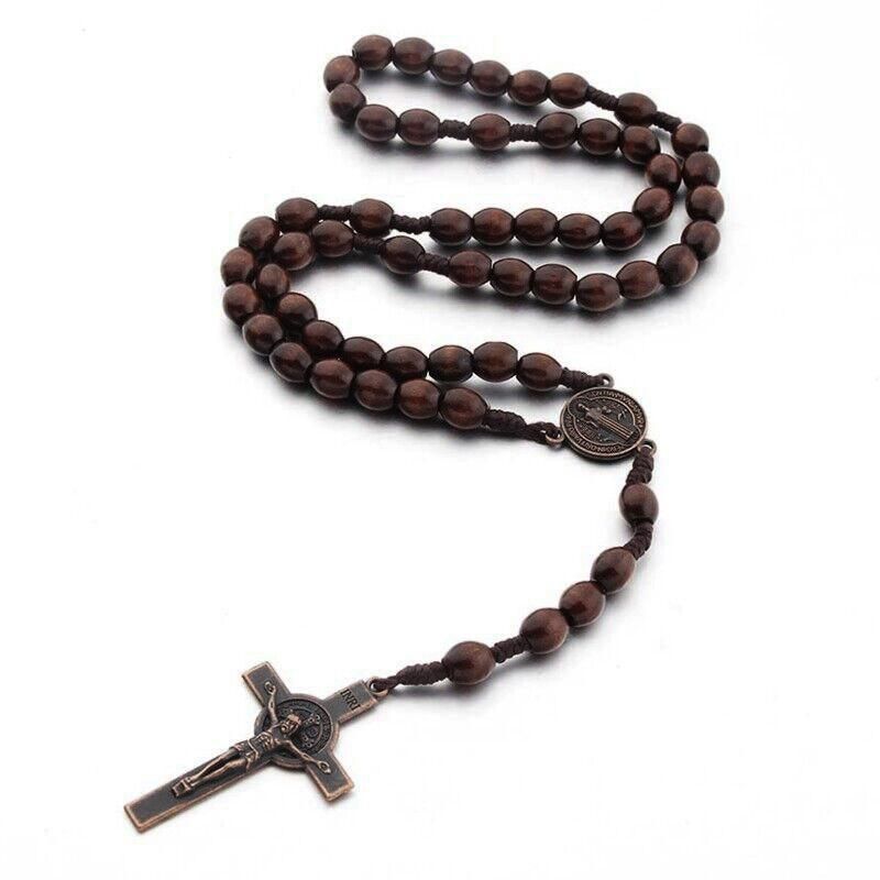 1PC Wooden Rosary Beads Necklace Christian Cross Catholic Rosary Beads