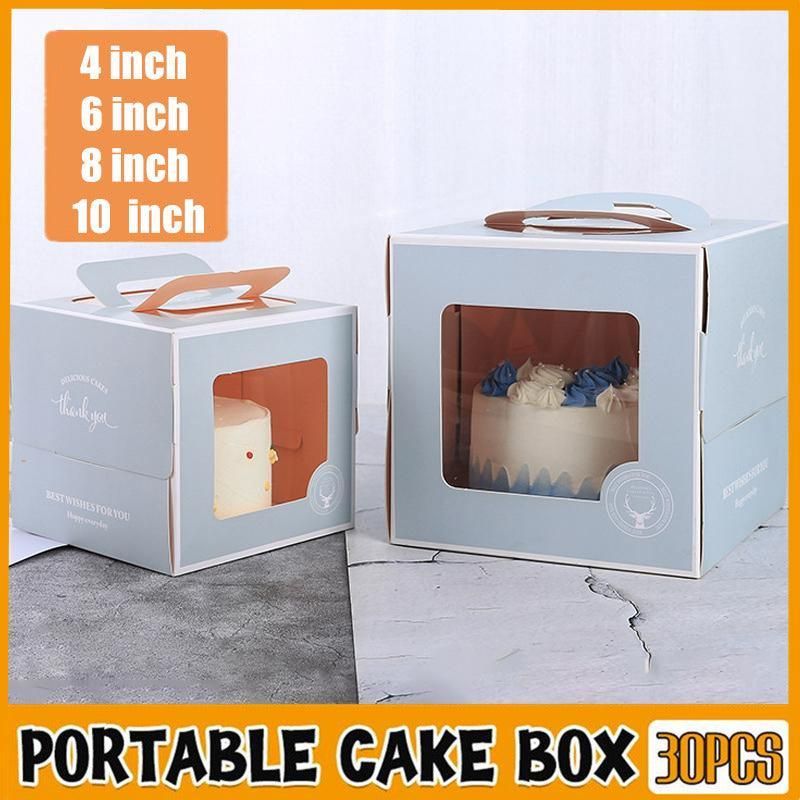 30PCS Grey Portable Cake Boxes Display Window Packing Case with Handle Birthday - 6 inch