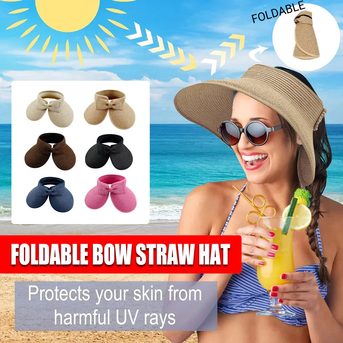 Women Roll Up Sun Visor Wide Brim Straw Hat Summer Foldable UV Protection Cap - Beige