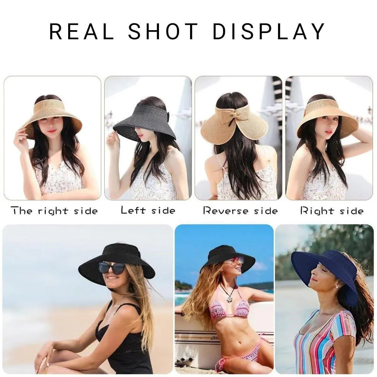 Women Roll Up Sun Visor Wide Brim Straw Hat Summer Foldable UV Protection Cap - Beige