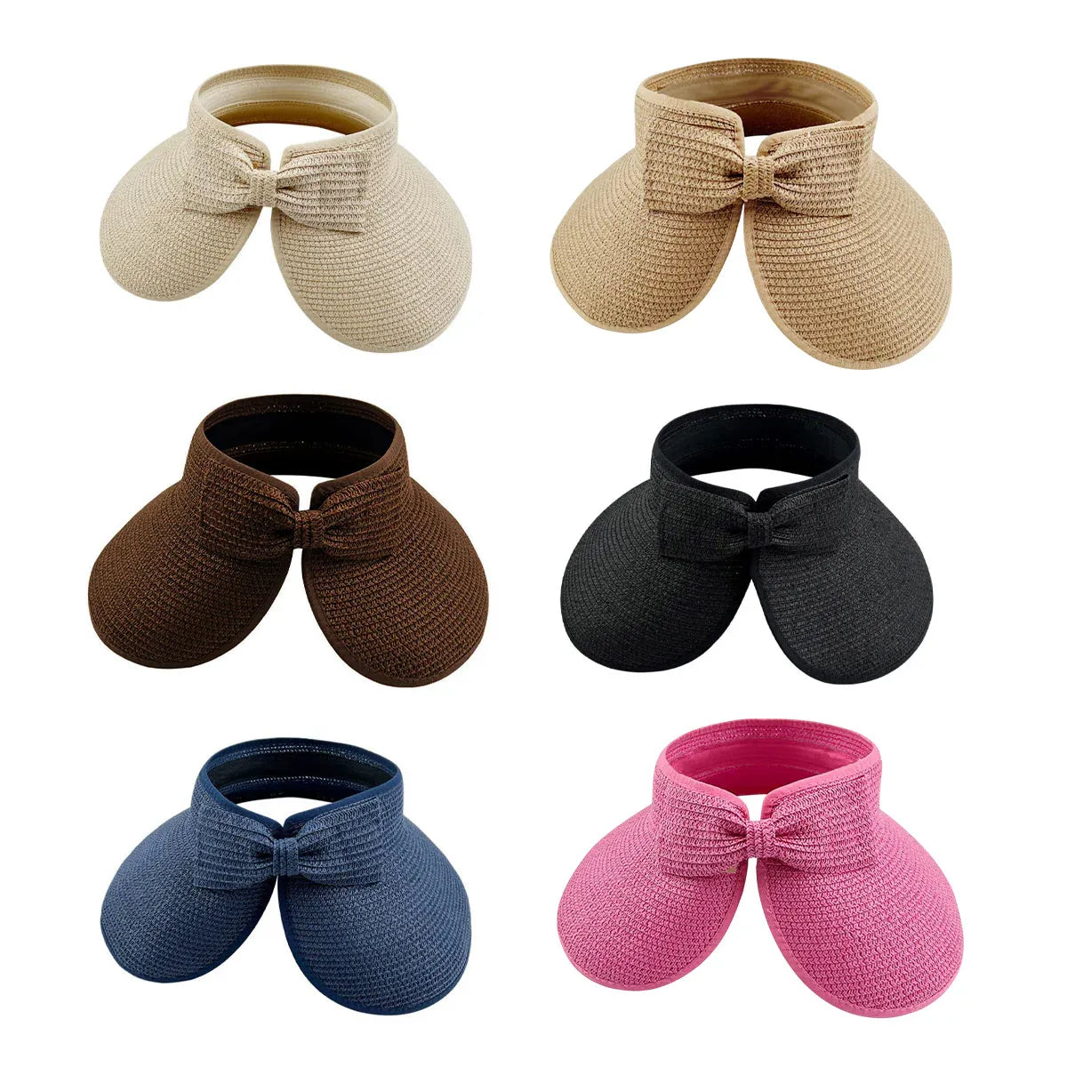 Women Roll Up Sun Visor Wide Brim Straw Hat Summer Foldable UV Protection Cap - Rose Red