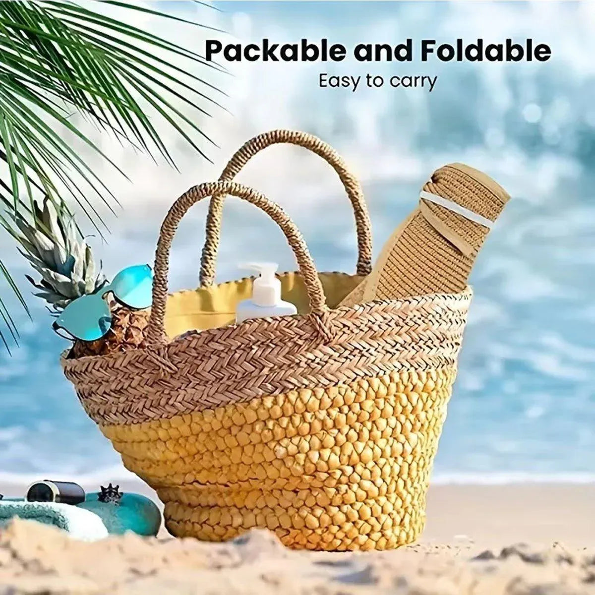Women Roll Up Sun Visor Wide Brim Straw Hat Summer Foldable UV Protection Cap - Rose Red