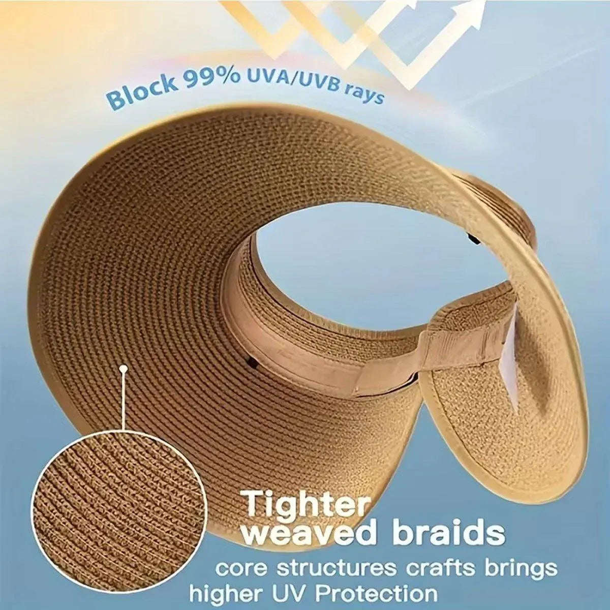 Women Roll Up Sun Visor Wide Brim Straw Hat Summer Foldable UV Protection Cap - Rose Red