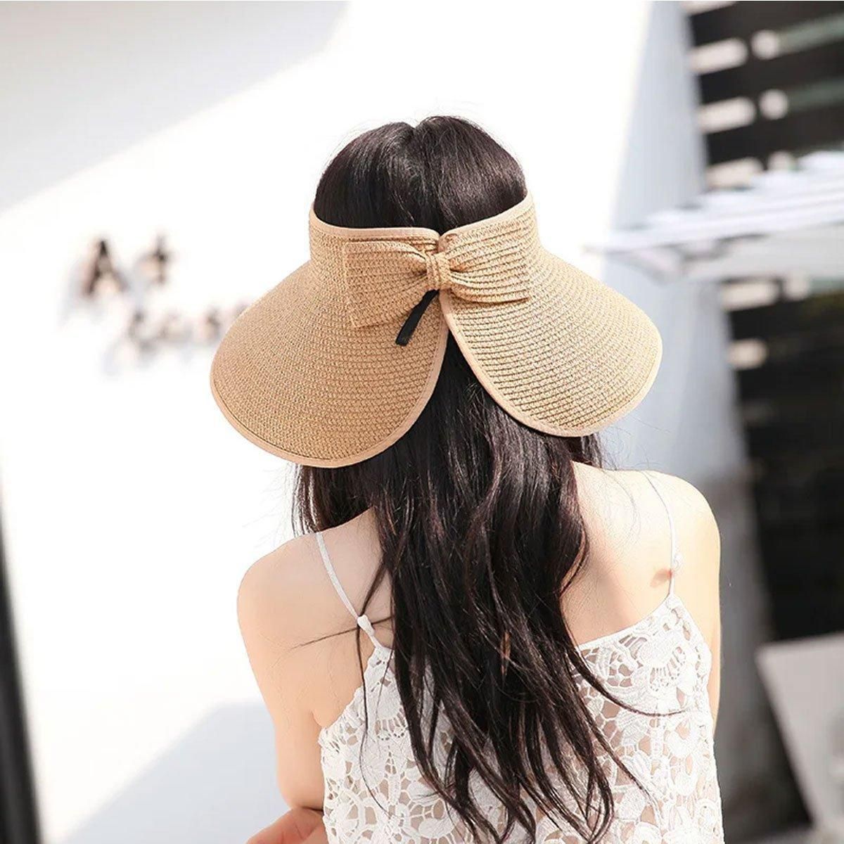 Women Roll Up Sun Visor Wide Brim Straw Hat Summer Foldable UV Protection Cap - Rose Red