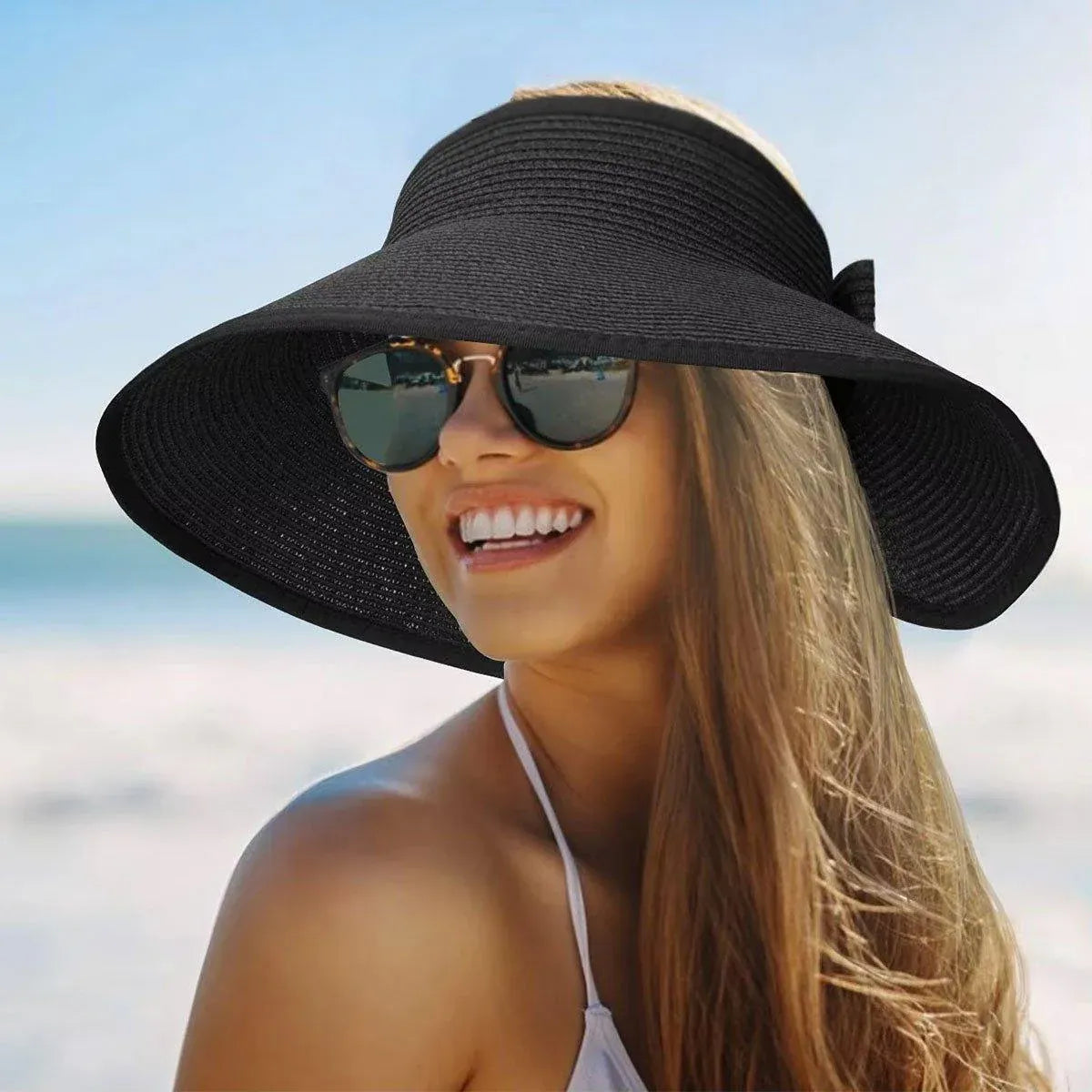 Women Roll Up Sun Visor Wide Brim Straw Hat Summer Foldable UV Protection Cap - Rose Red