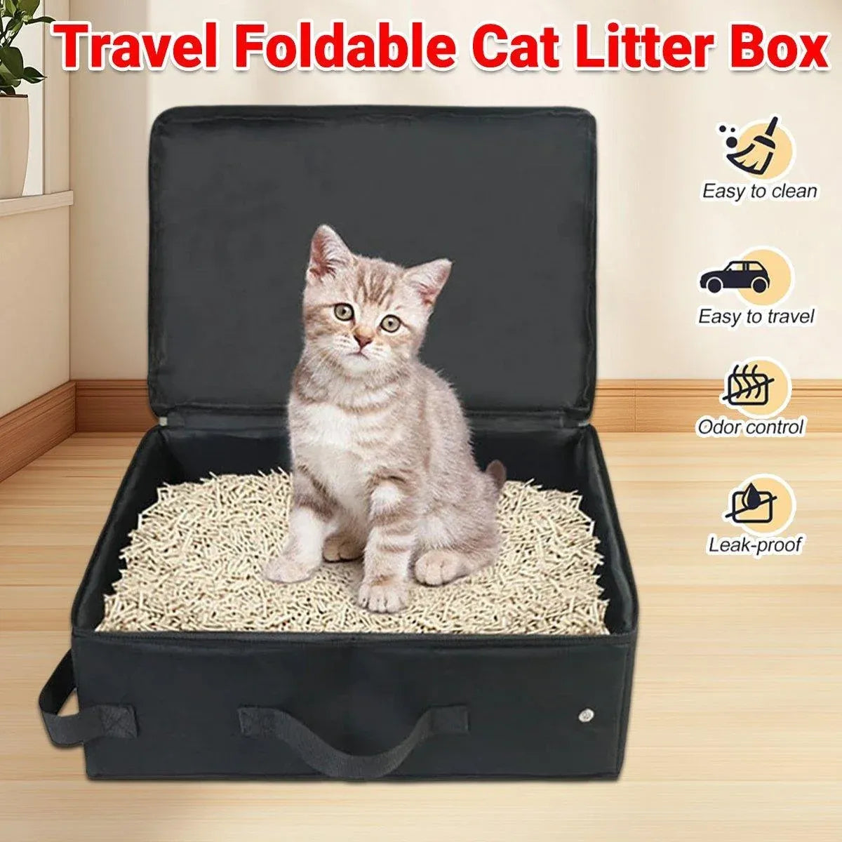 Portable Collapsible Travel Litter Box with Lid Foldable Fabric Litter Pan Bag