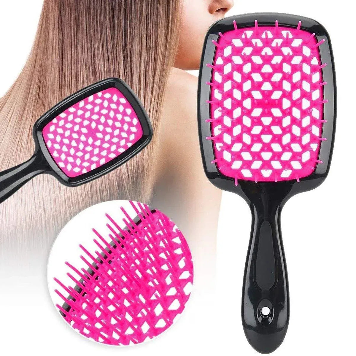 Detangling Hair Brush Hollow Vented Cushion Black and Rose Red, 1 Piece