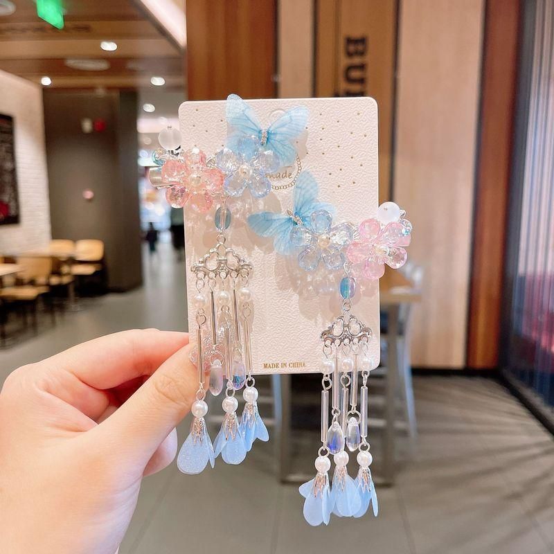 2Pcs Hanfu Flower Hair Clip with Pearl Tassel Butterfly Hairpin for Women and Girls Party - 4
