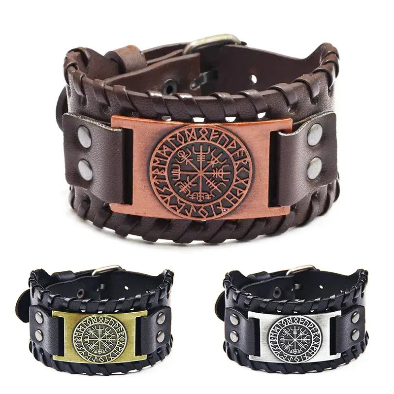 Viking Compass Leather Bracelet Men Adjustable PU Leather Cuff Runes Wristband - Bronze