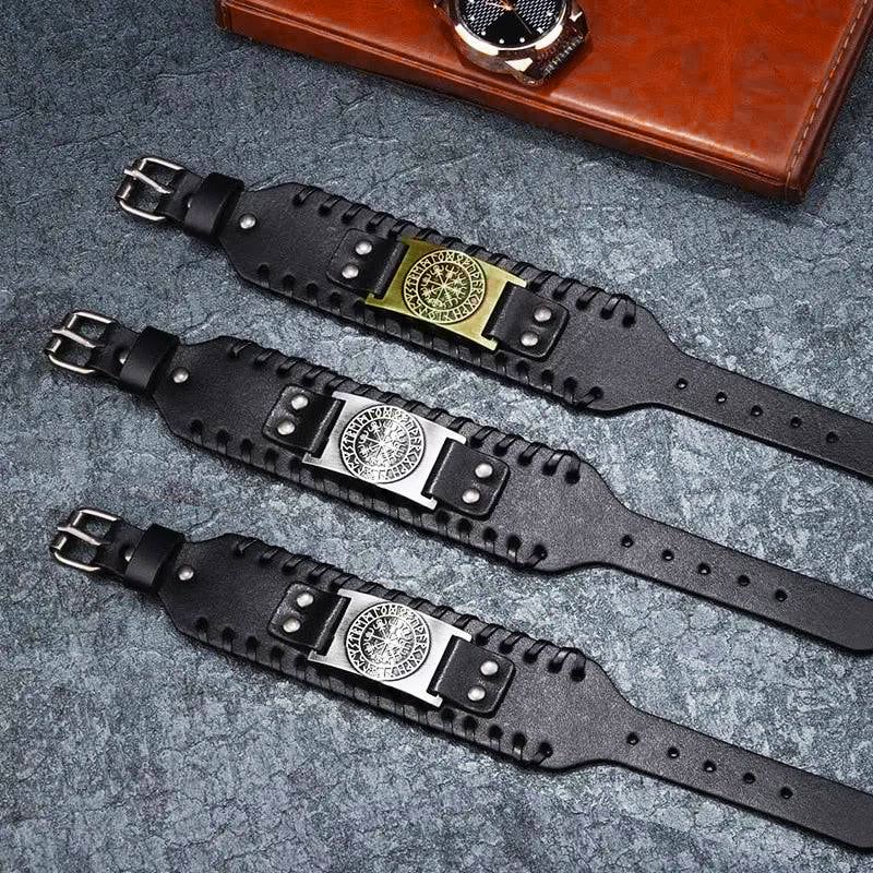 Viking Compass Leather Bracelet Men Adjustable PU Leather Cuff Runes Wristband - Bronze