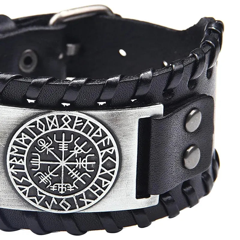 Viking Compass Leather Bracelet Men Adjustable PU Leather Cuff Runes Wristband - Bronze