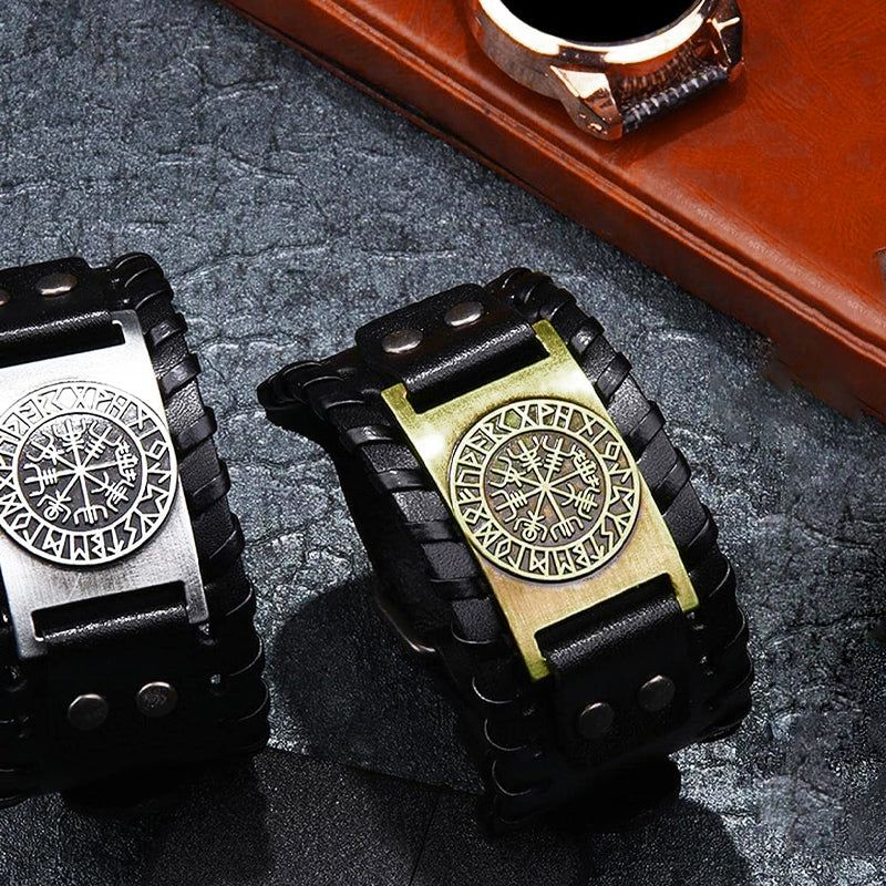 Viking Compass Leather Bracelet Men Adjustable PU Leather Cuff Runes Wristband - Bronze