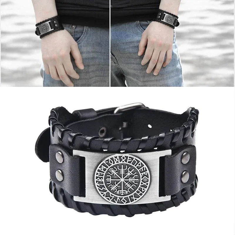 Viking Compass Leather Bracelet Men Adjustable PU Leather Cuff Runes Wristband - Bronze