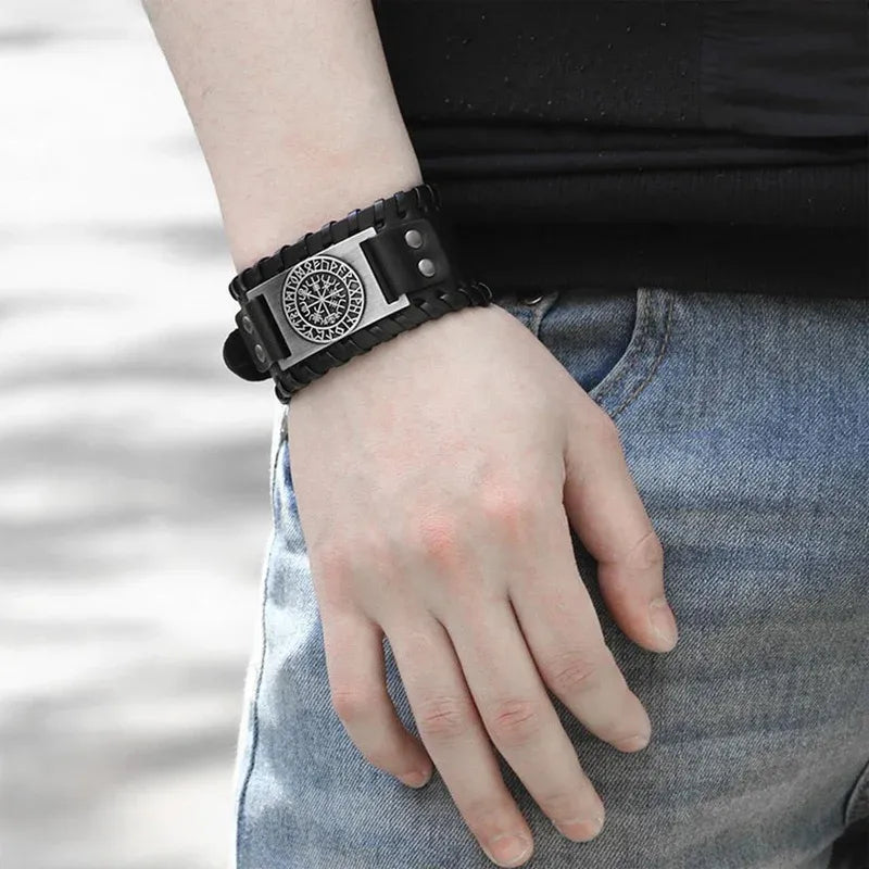 Viking Compass Leather Bracelet Men Adjustable PU Leather Cuff Runes Wristband - Bronze
