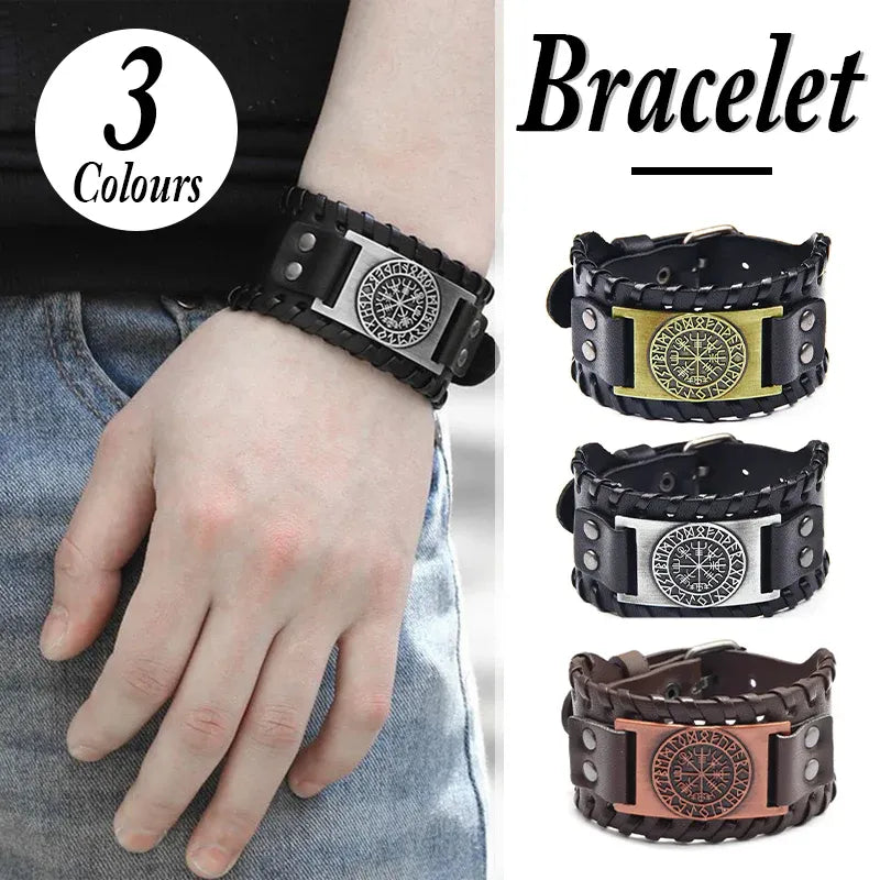 Viking Compass Leather Bracelet Men Adjustable PU Leather Cuff Runes Wristband - Copper