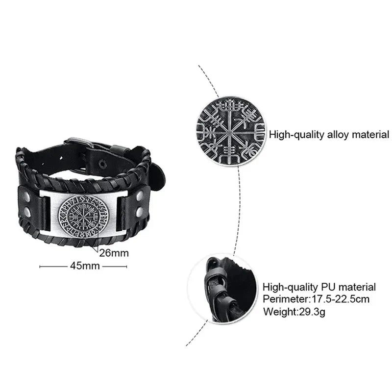 Viking Compass Leather Bracelet Men Adjustable PU Leather Cuff Runes Wristband - Copper