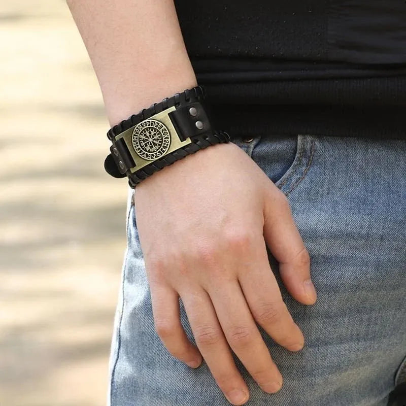 Viking Compass Leather Bracelet Men Adjustable PU Leather Cuff Runes Wristband - Copper