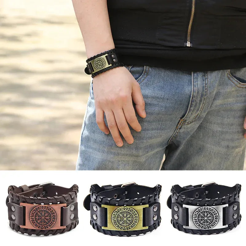 Viking Compass Leather Bracelet Men Adjustable PU Leather Cuff Runes Wristband - Copper