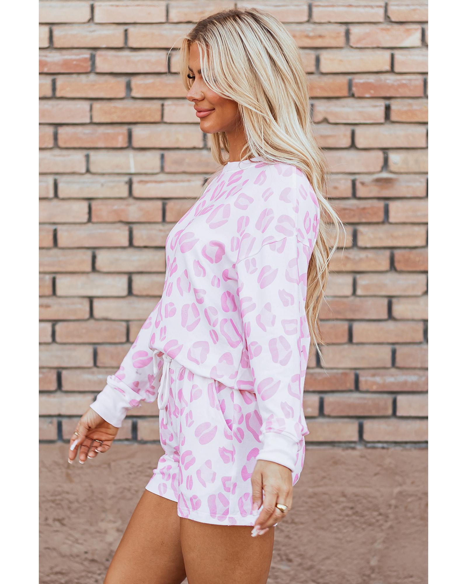 Pink Leopard Animal Print Pullover and Shorts Loungewear - L