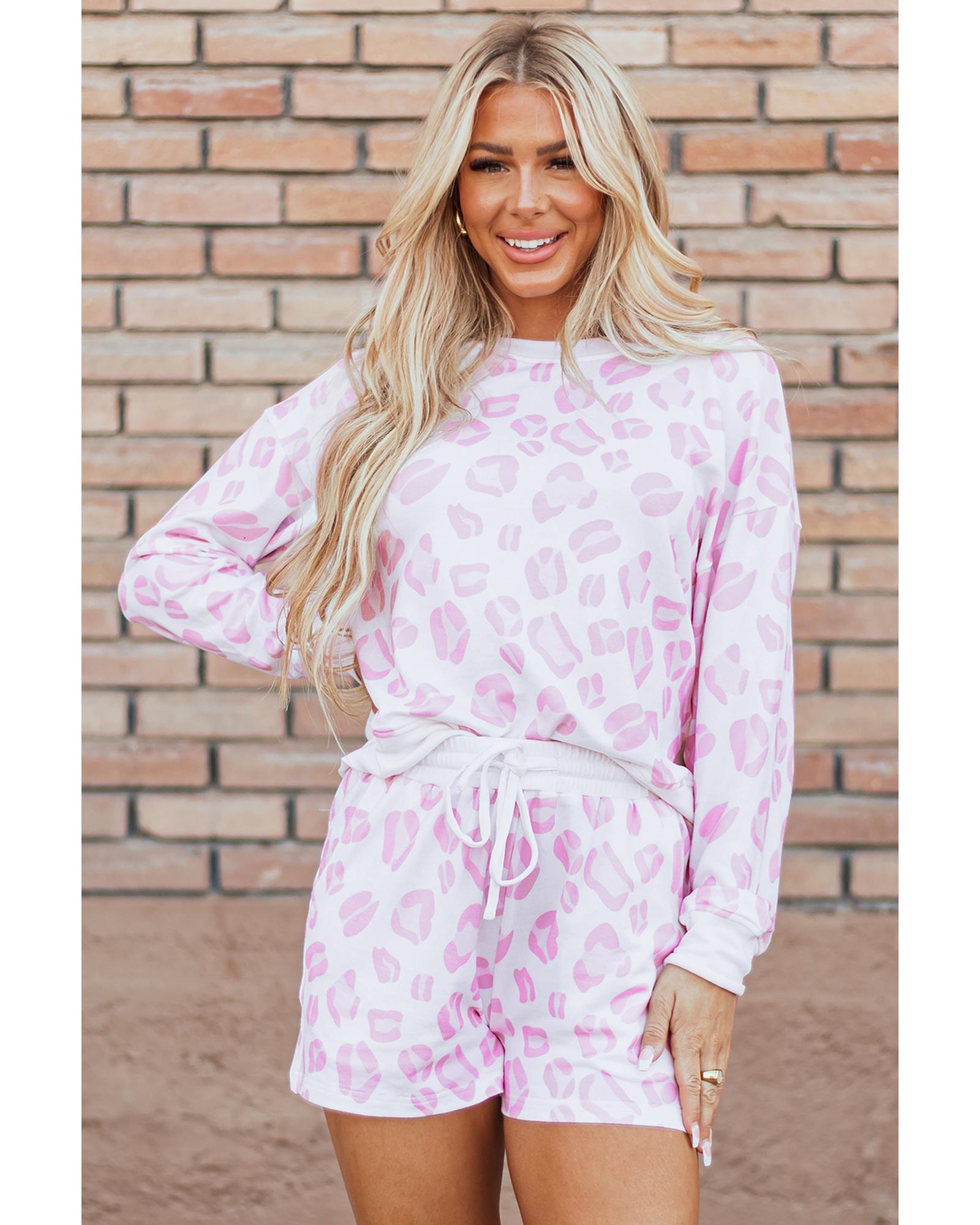 Pink Leopard Animal Print Pullover and Shorts Loungewear - L