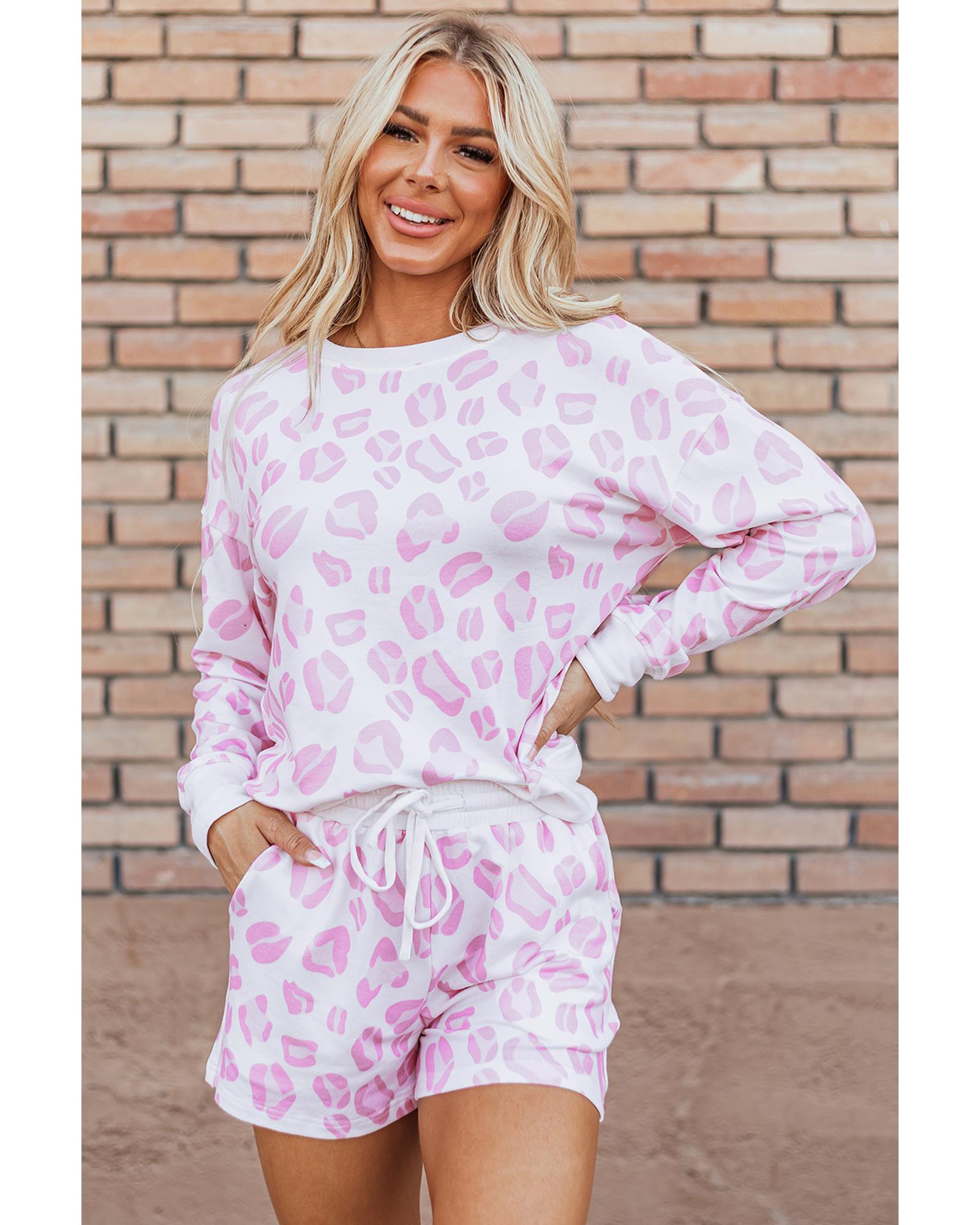 Pink Leopard Animal Print Pullover and Shorts Loungewear - M