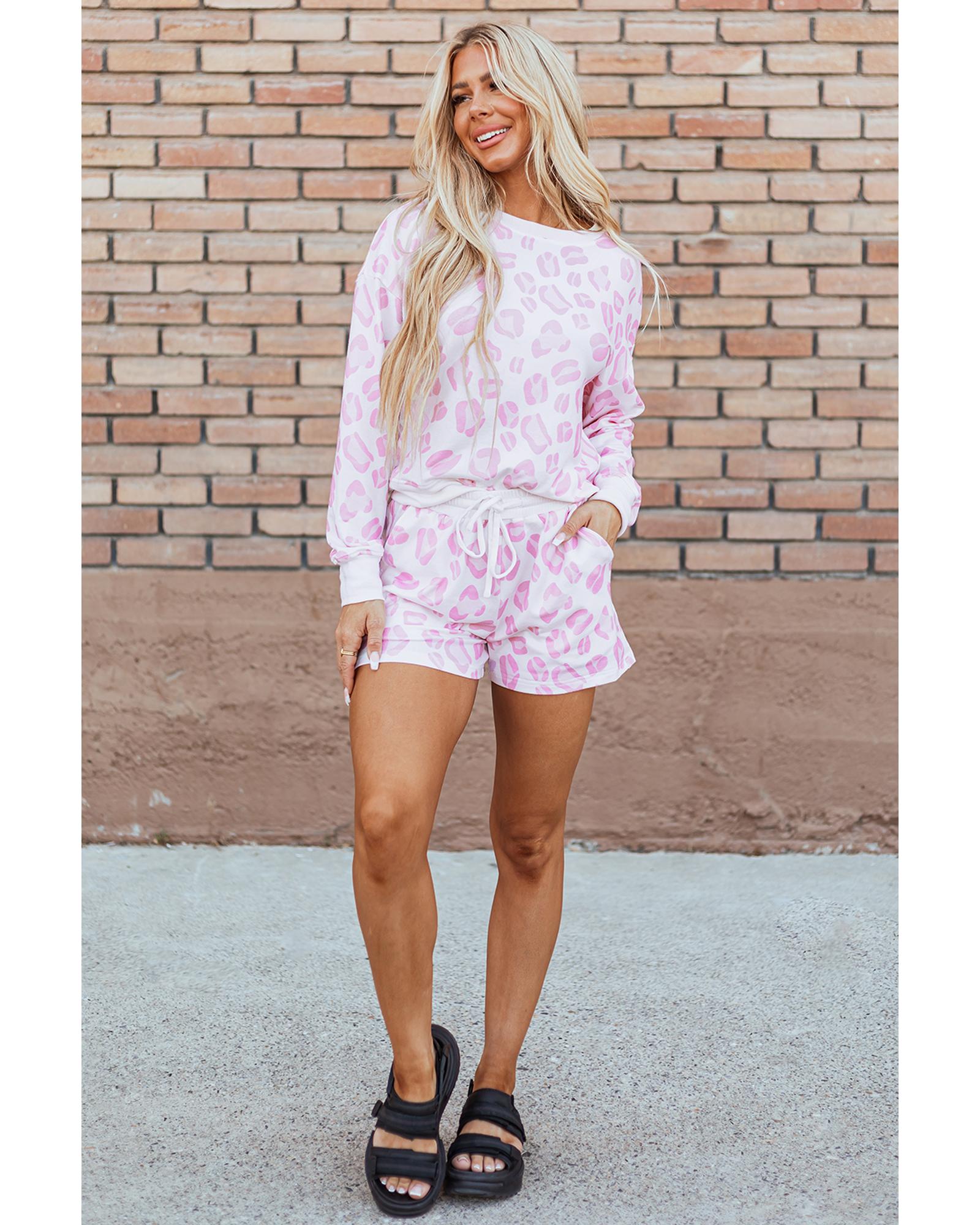 Pink Leopard Animal Print Pullover and Shorts Loungewear - M