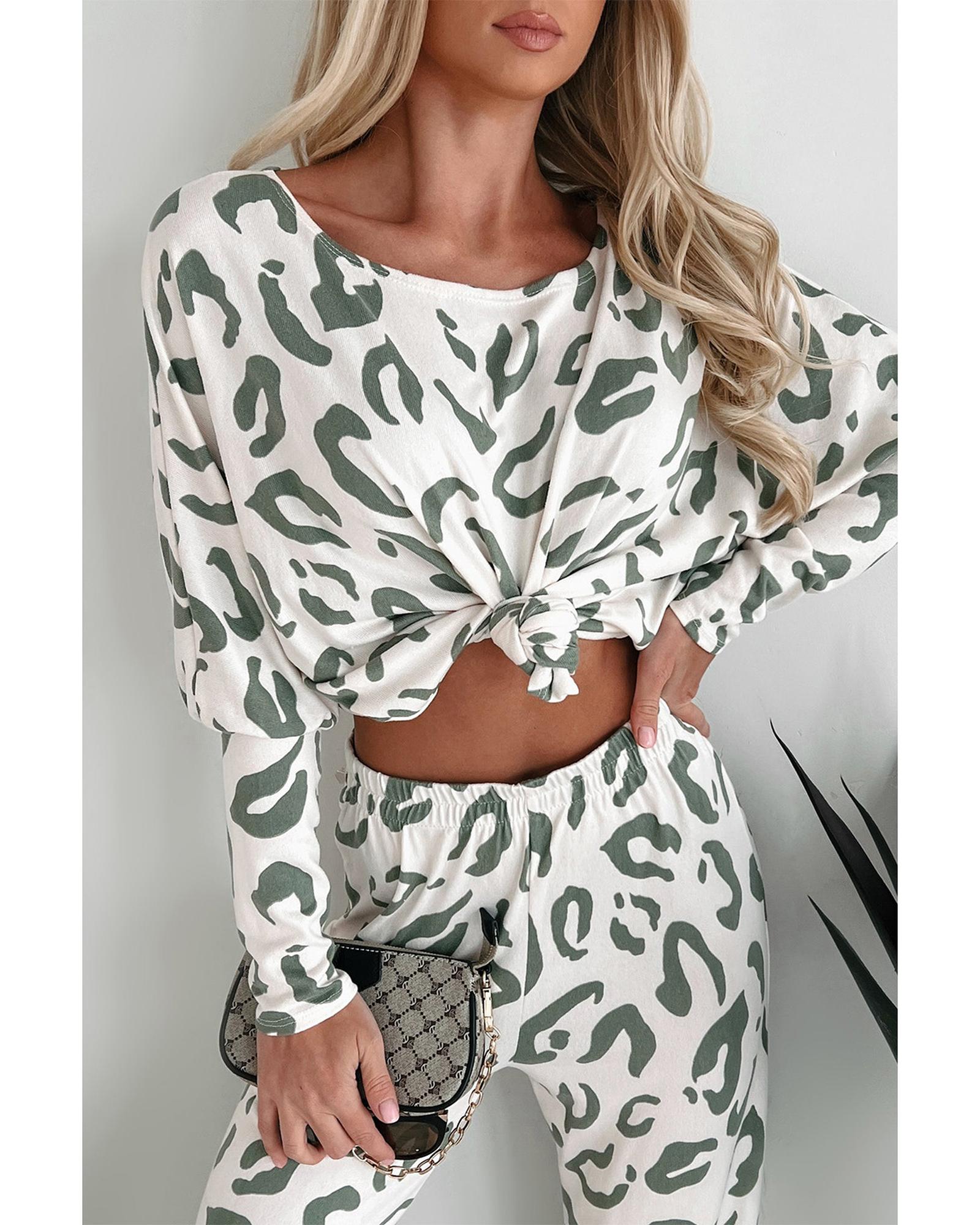 Beige Leopard Animal Print Long Sleeve and Pants Loungewear Set - L