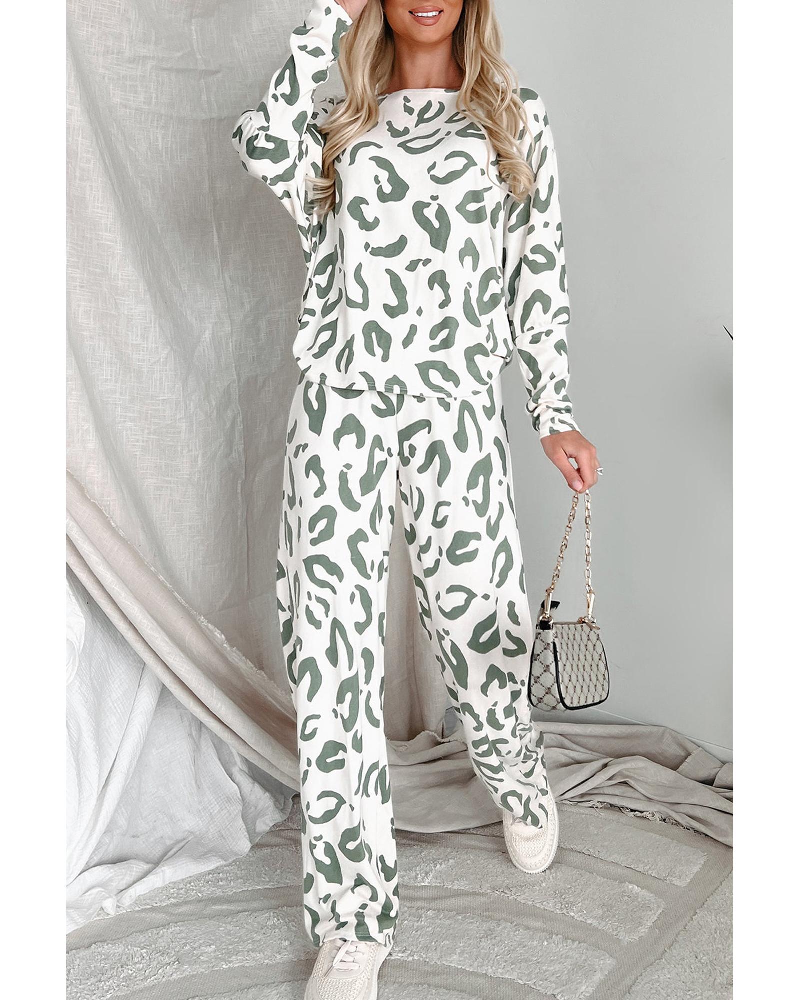Beige Leopard Animal Print Long Sleeve and Pants Loungewear Set - XL