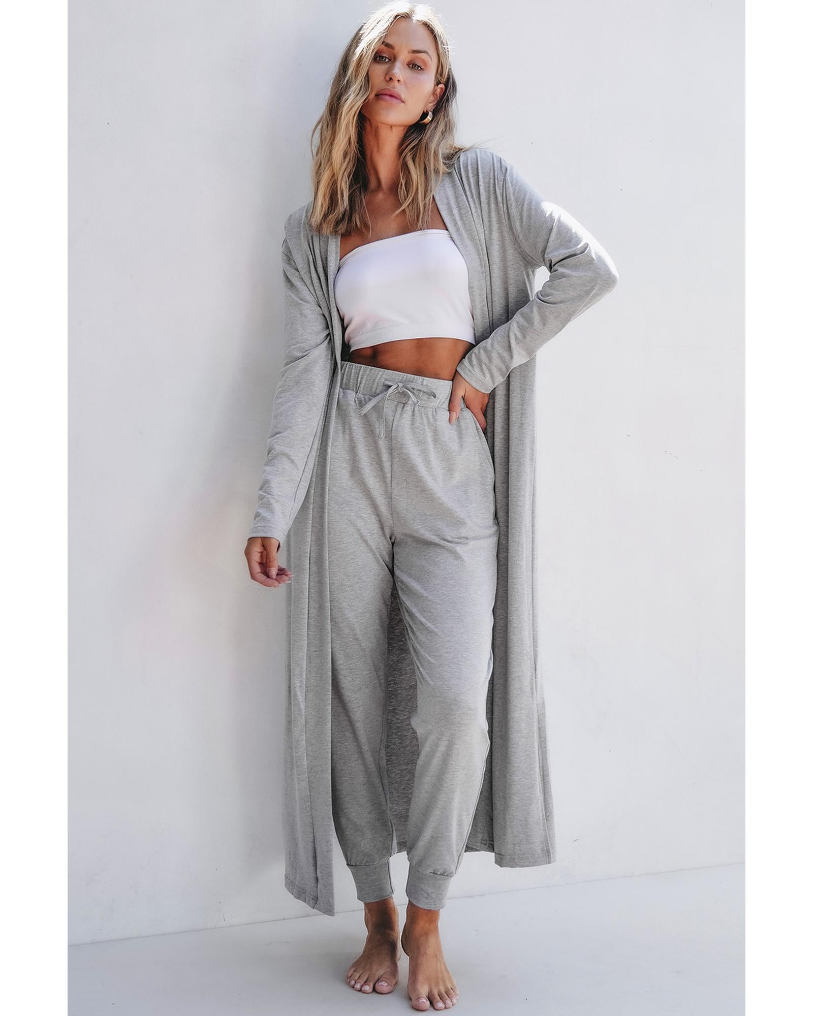 Light Grey Split Long Cardigan and Skinny Pants Lounge Set - L