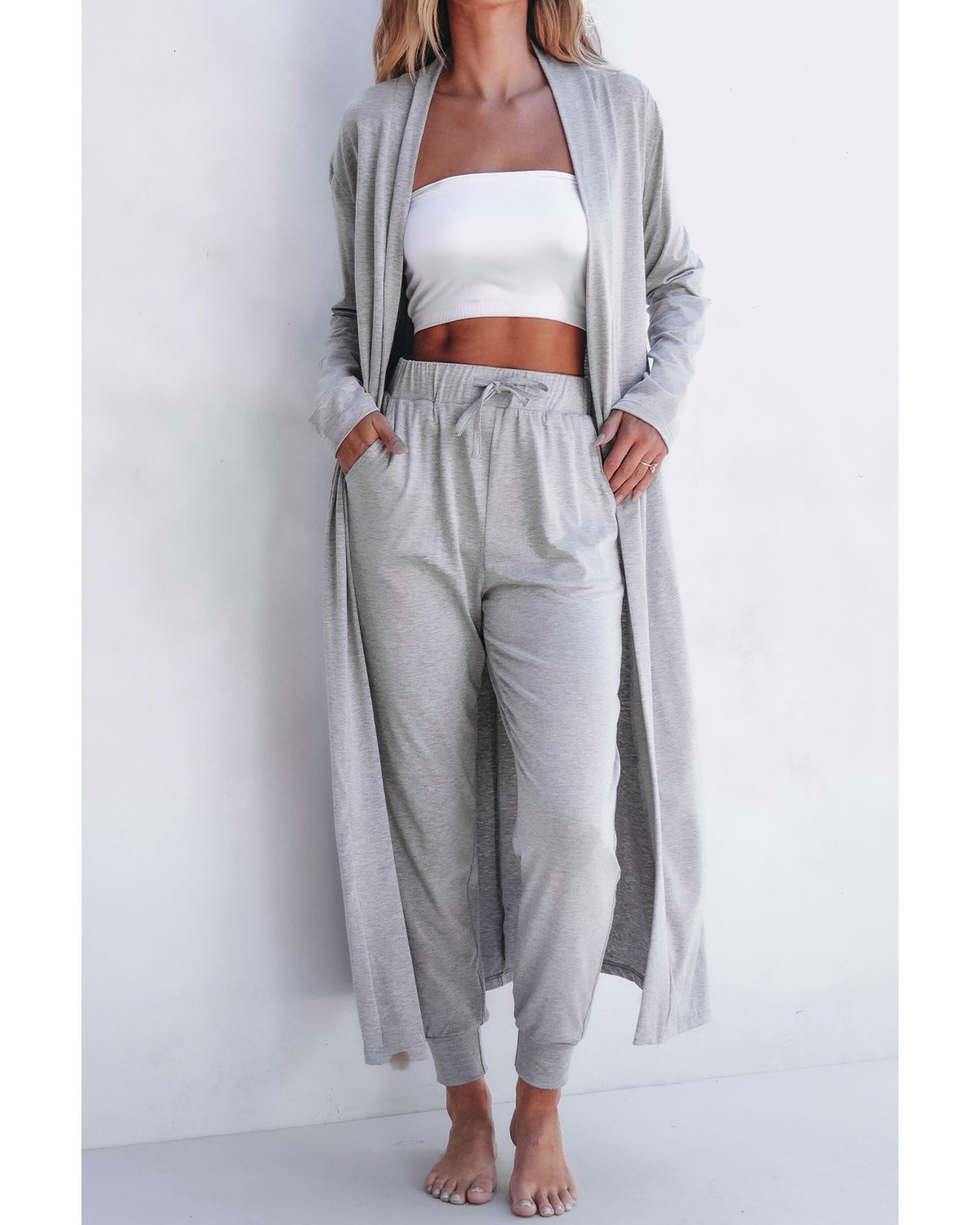 Light Grey Split Long Cardigan and Skinny Pants Lounge Set - L