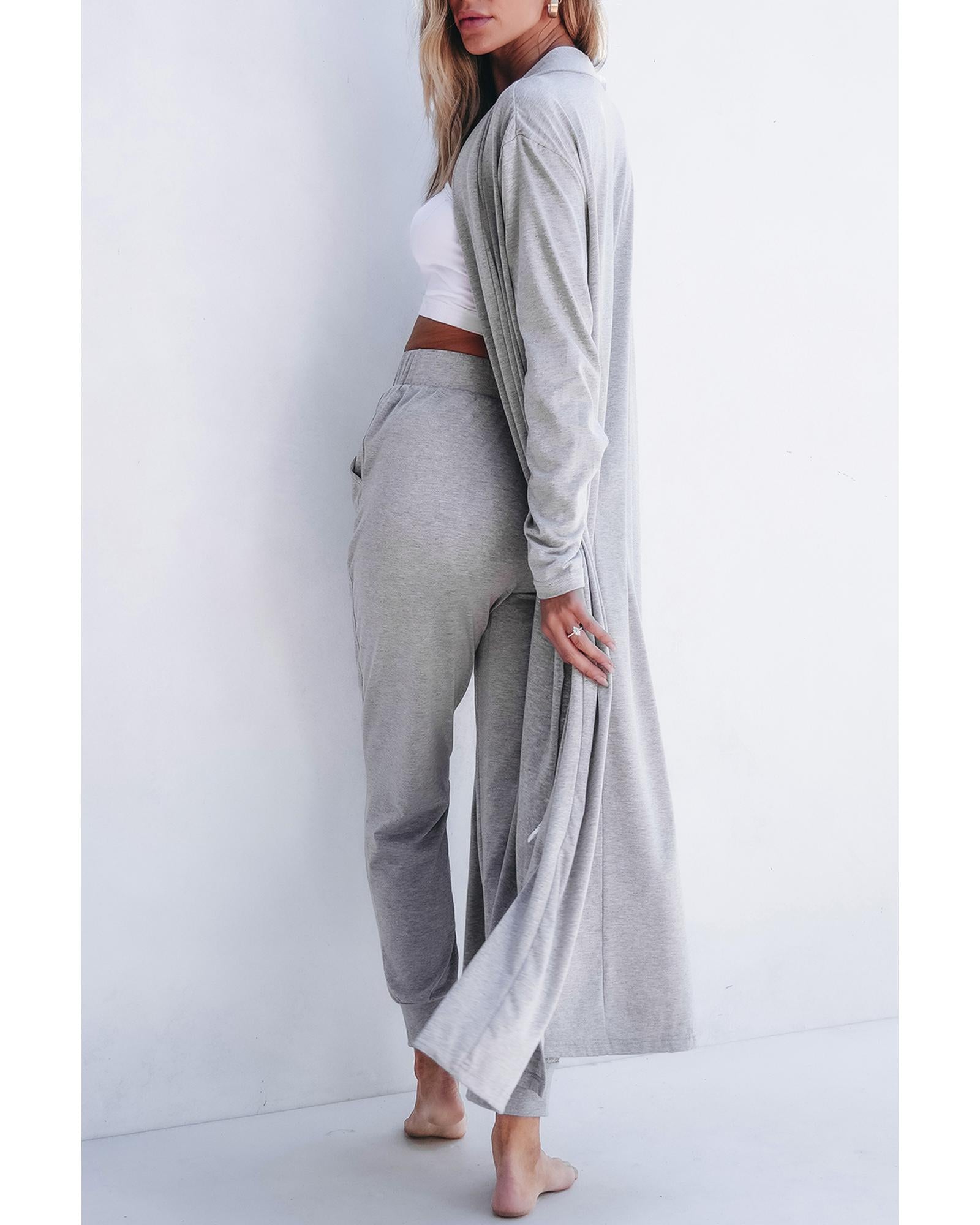 Light Grey Split Long Cardigan and Skinny Pants Lounge Set - S