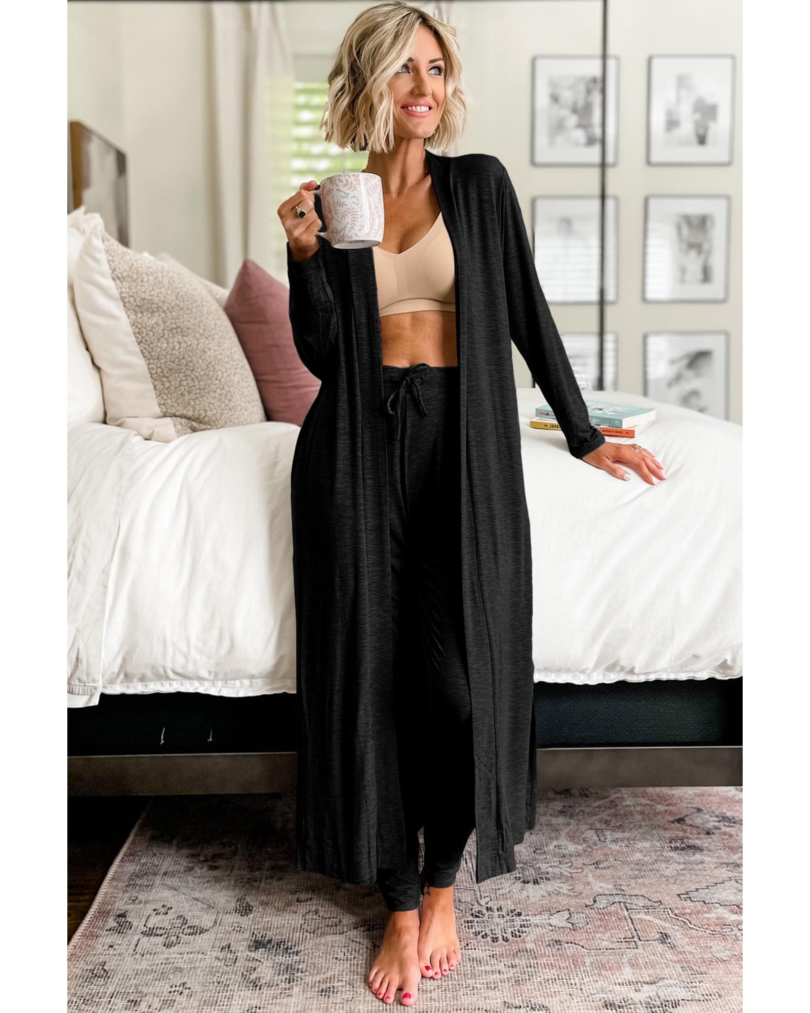 Black Split Long Cardigan and Skinny Pants Lounge Set - S
