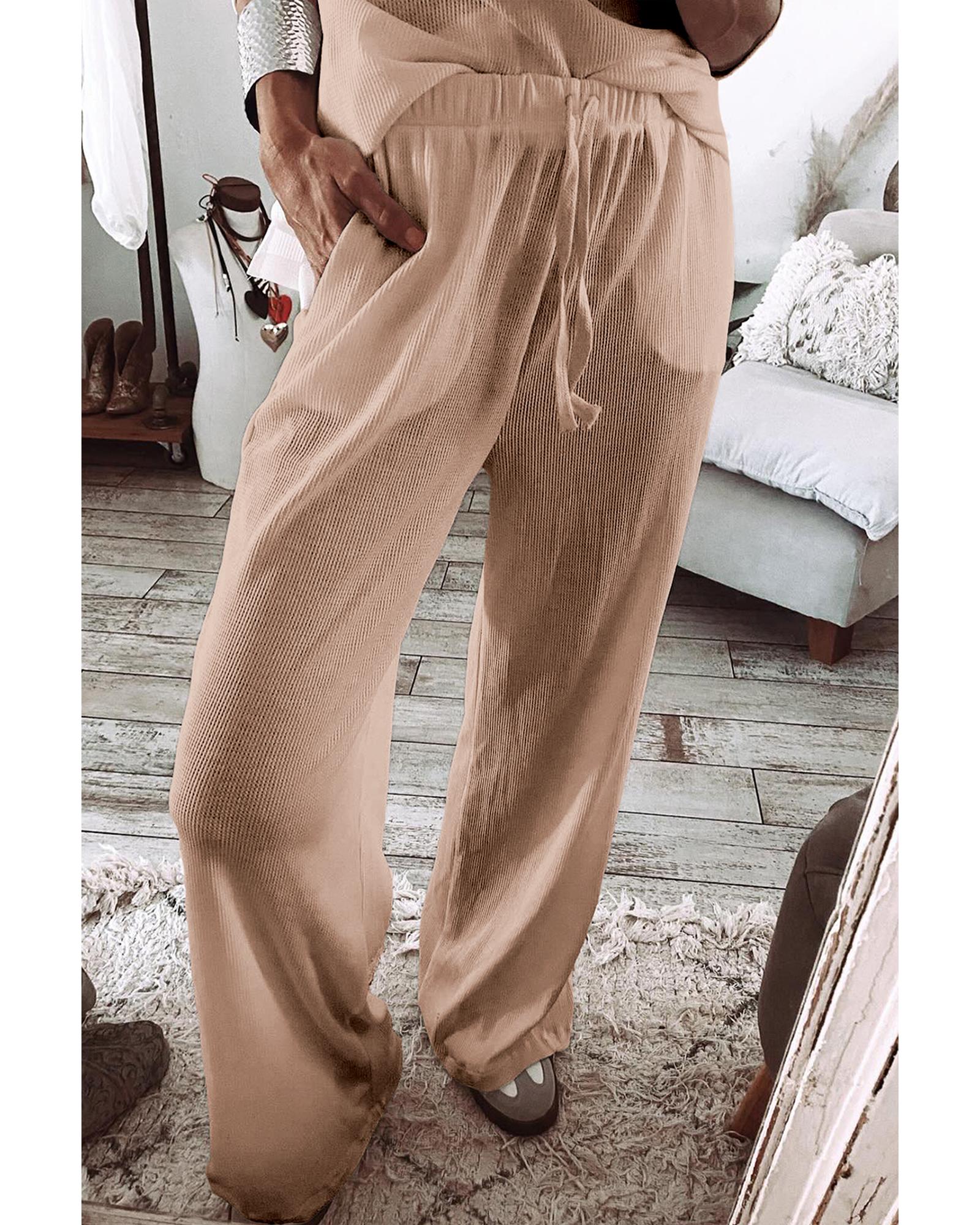 Parchment Textured Long Sleeve T Shirt and Pants Lounge Set - S