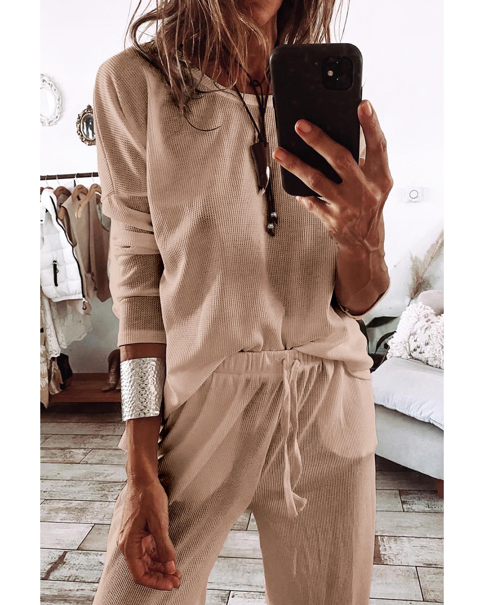 Parchment Textured Long Sleeve T Shirt and Pants Lounge Set - S