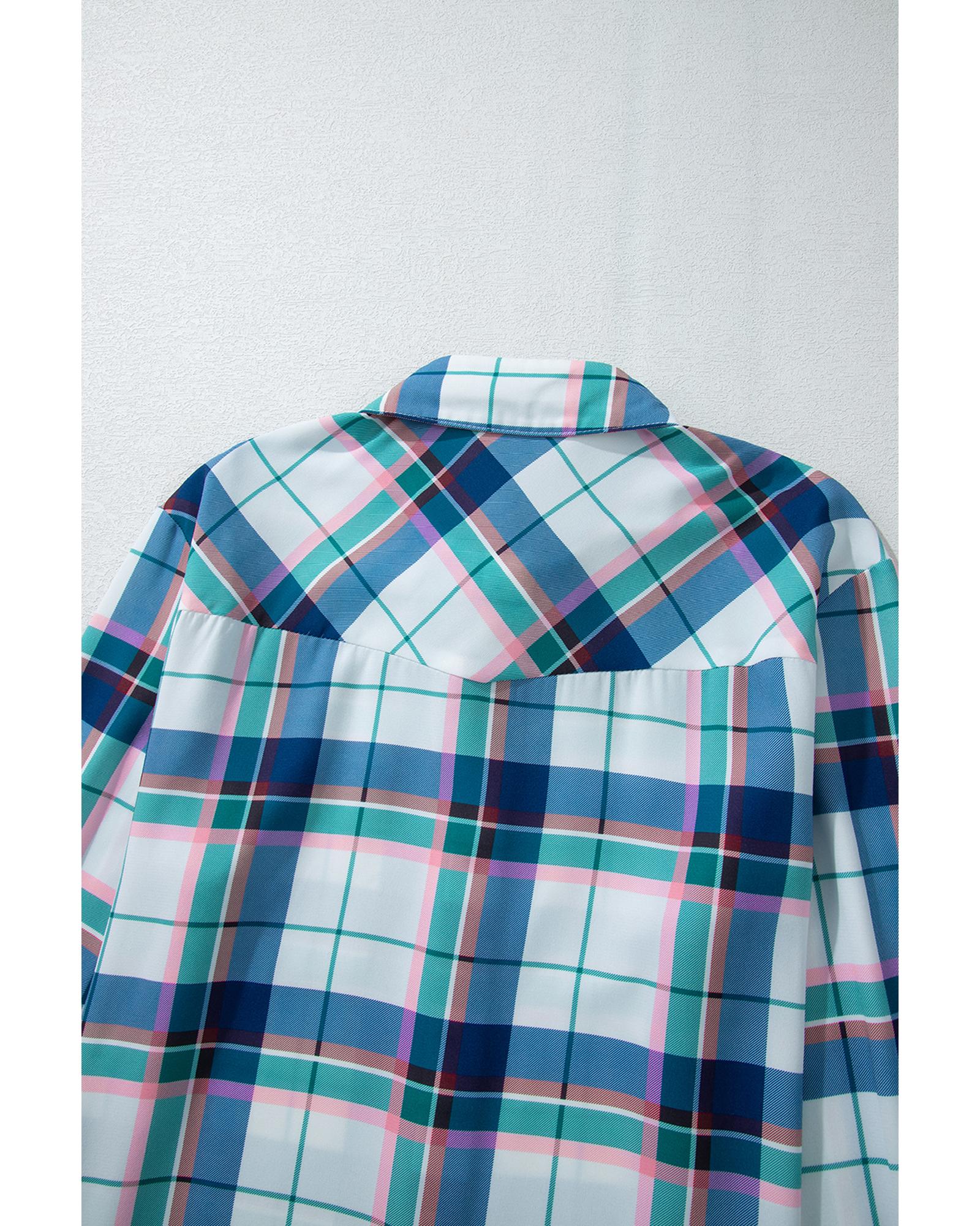 Blue Plaid Print Shirt and Shorts 2Pcs Lounge Set - L
