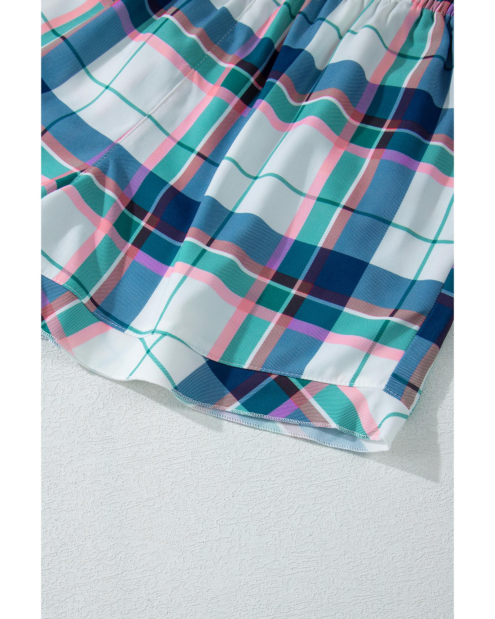 Blue Plaid Print Shirt and Shorts 2Pcs Lounge Set - L