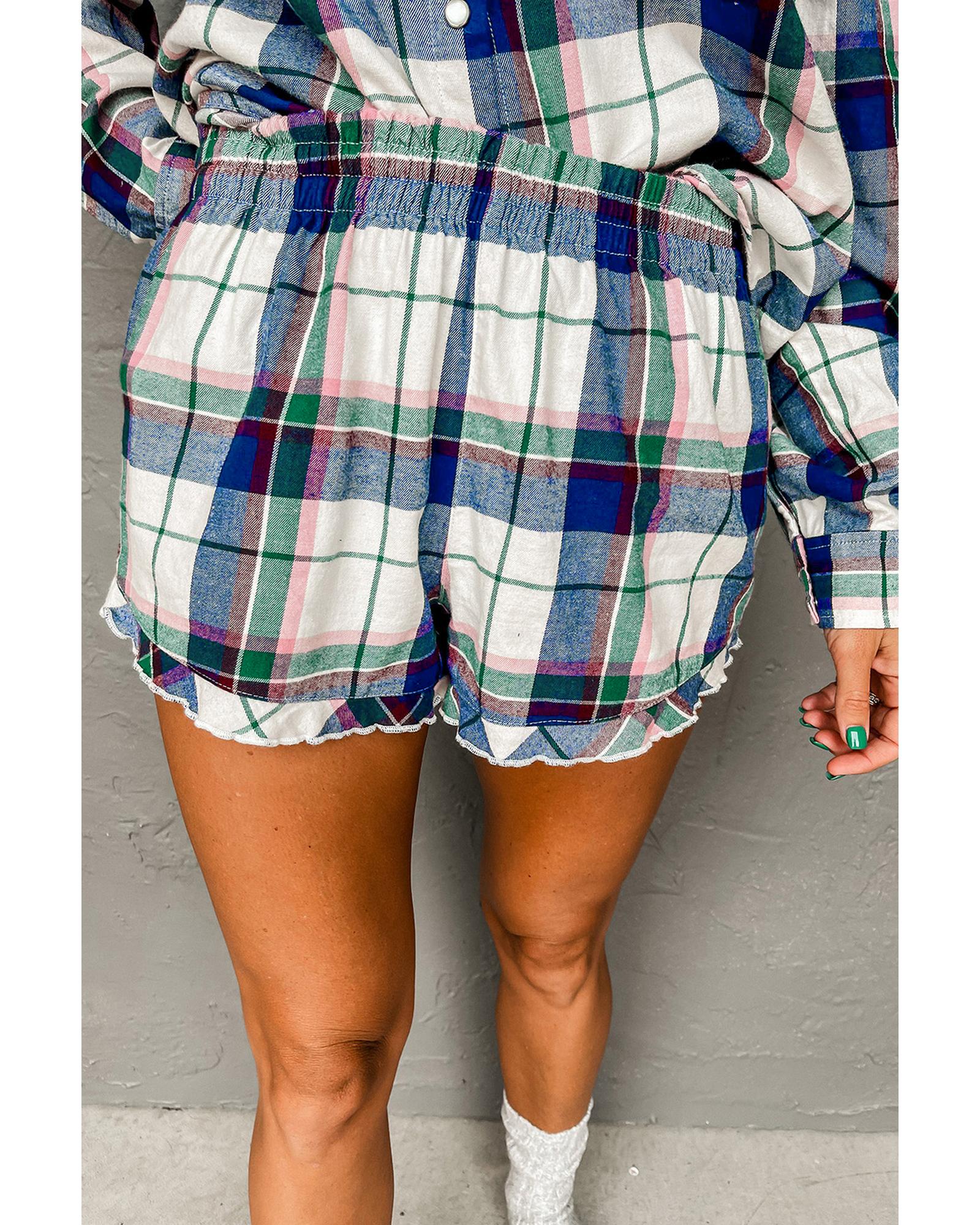 Blue Plaid Print Shirt and Shorts 2Pcs Lounge Set - L