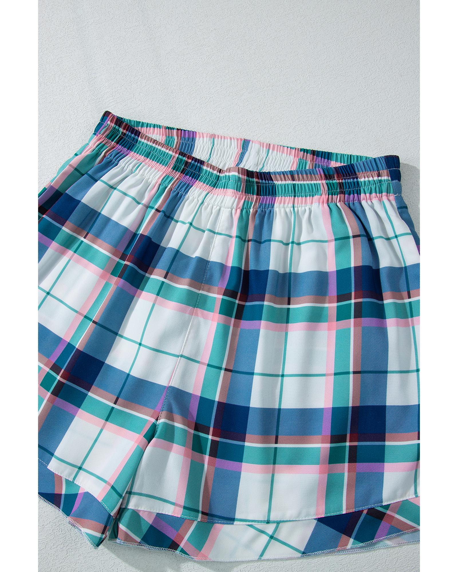 Blue Plaid Print Shirt and Shorts 2Pcs Lounge Set - L