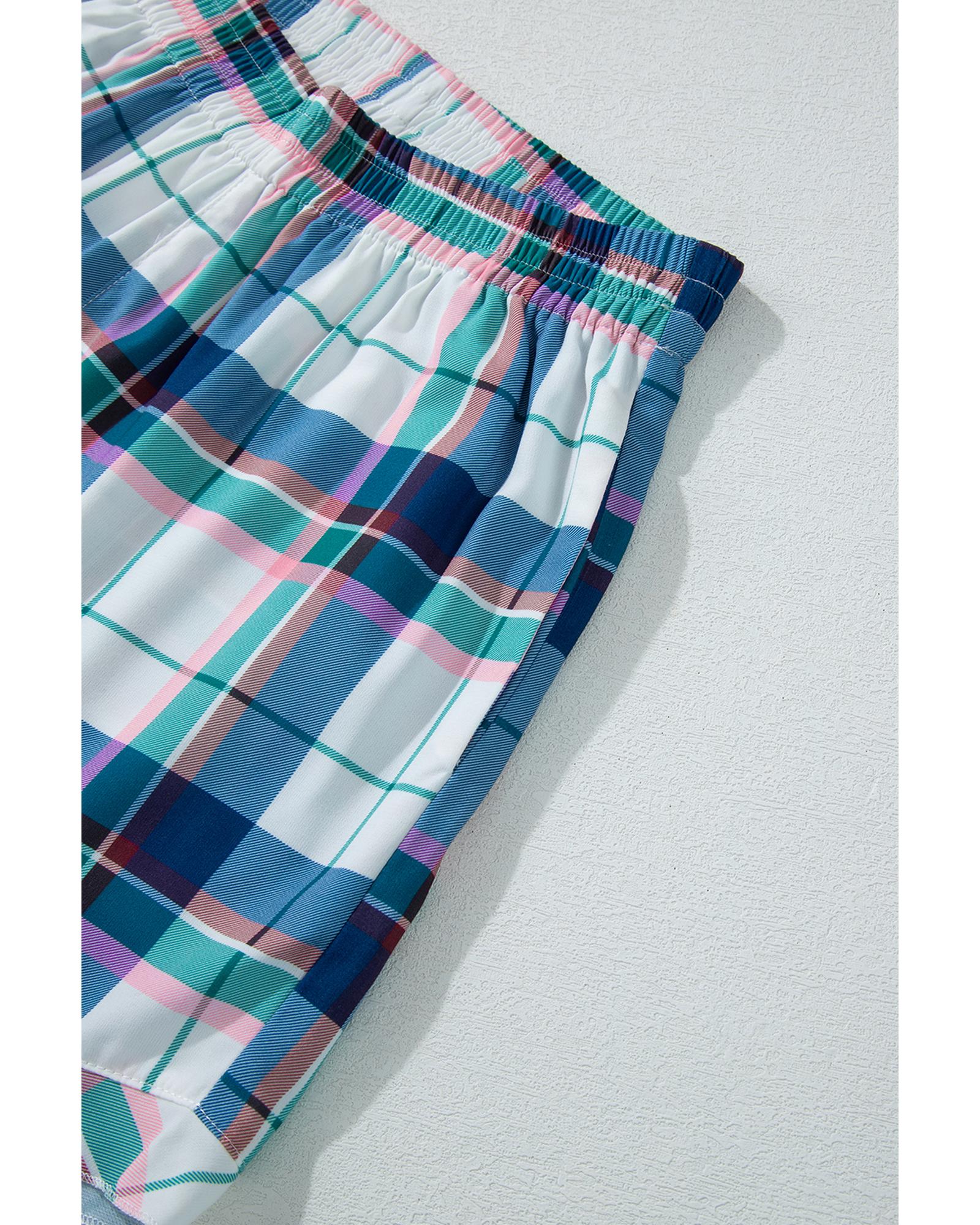 Blue Plaid Print Shirt and Shorts 2Pcs Lounge Set - L