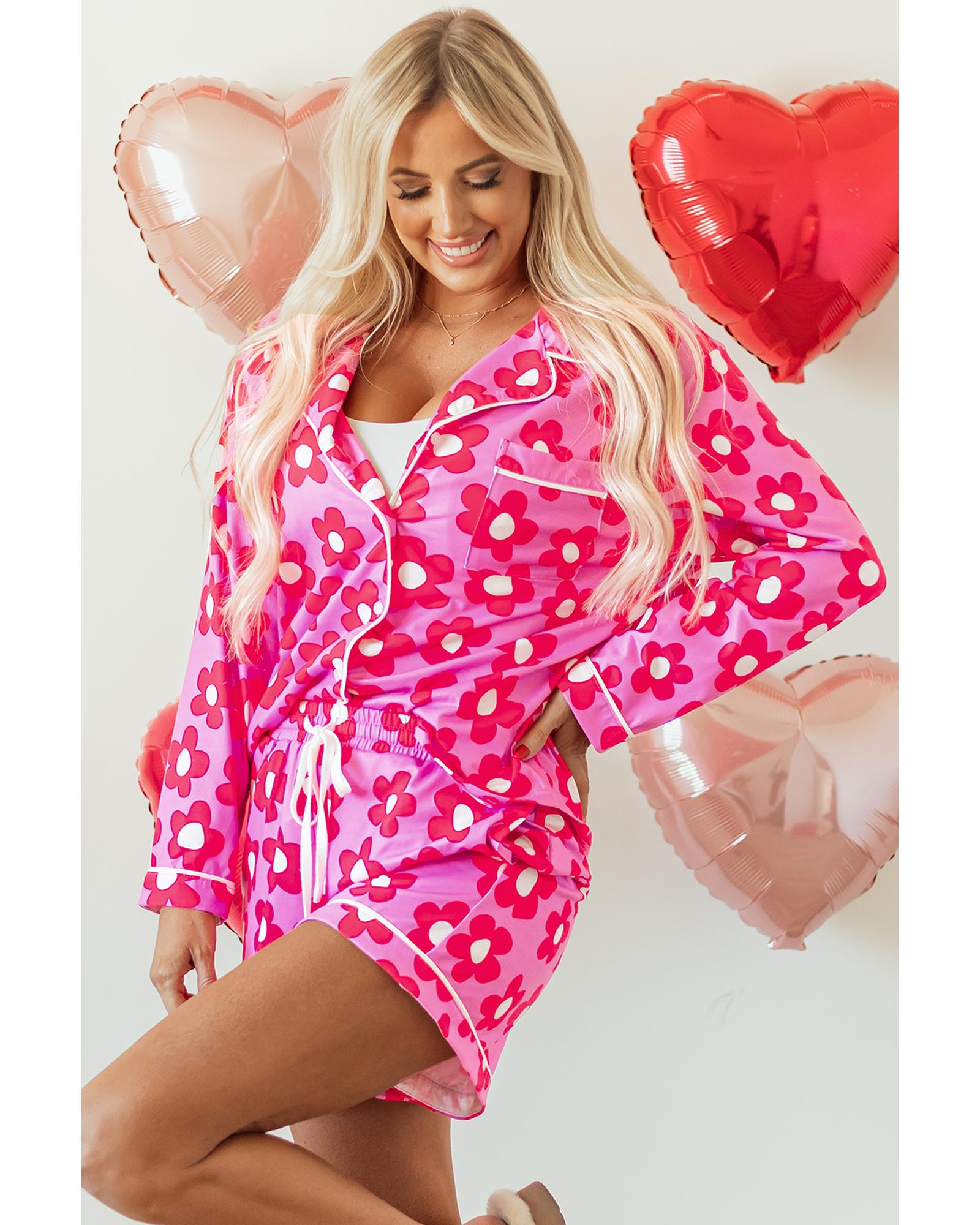 Pink Flower Print Long Sleeve Shirt Shorts Pajamas Set - M