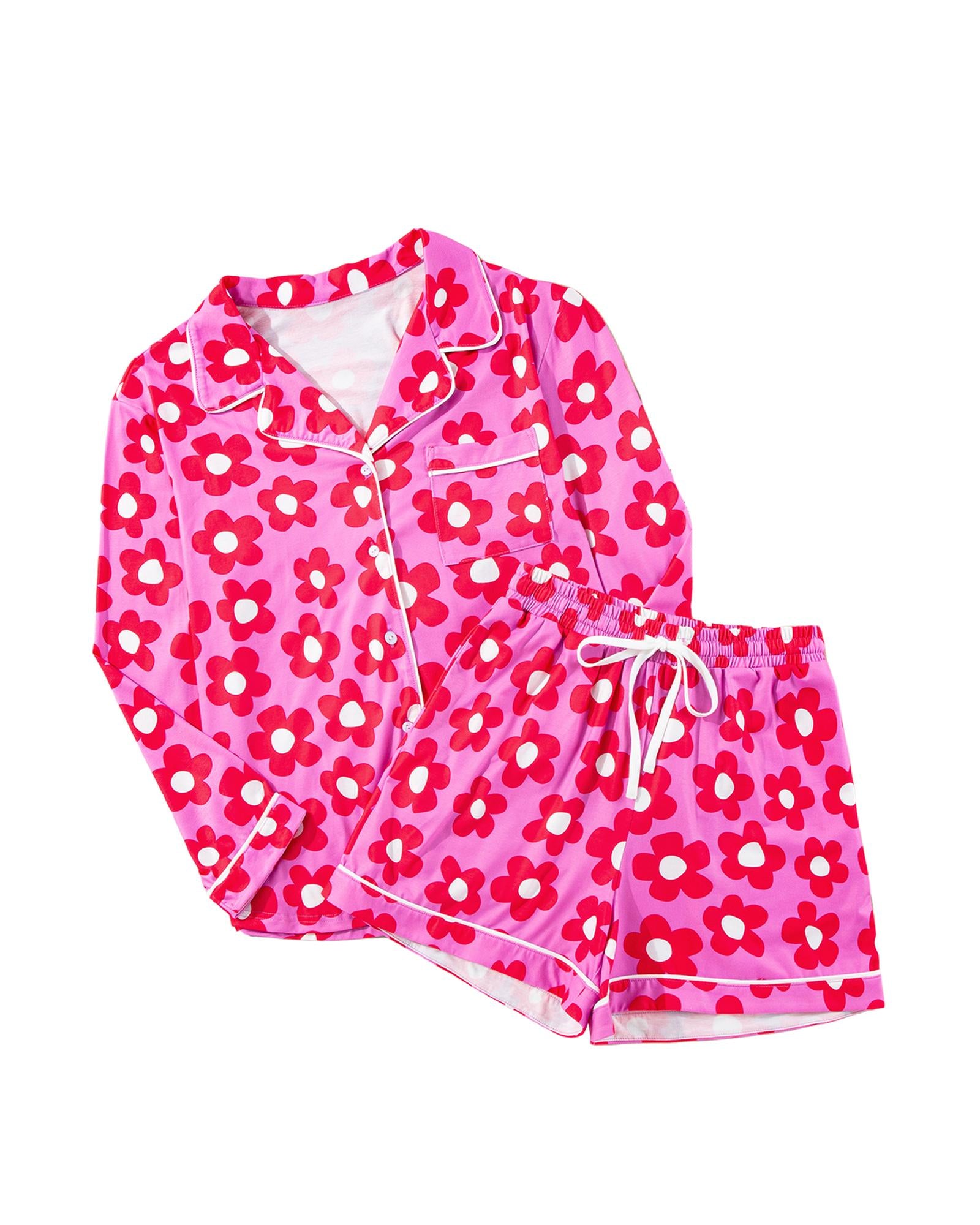 Pink Flower Print Long Sleeve Shirt Shorts Pajamas Set - M