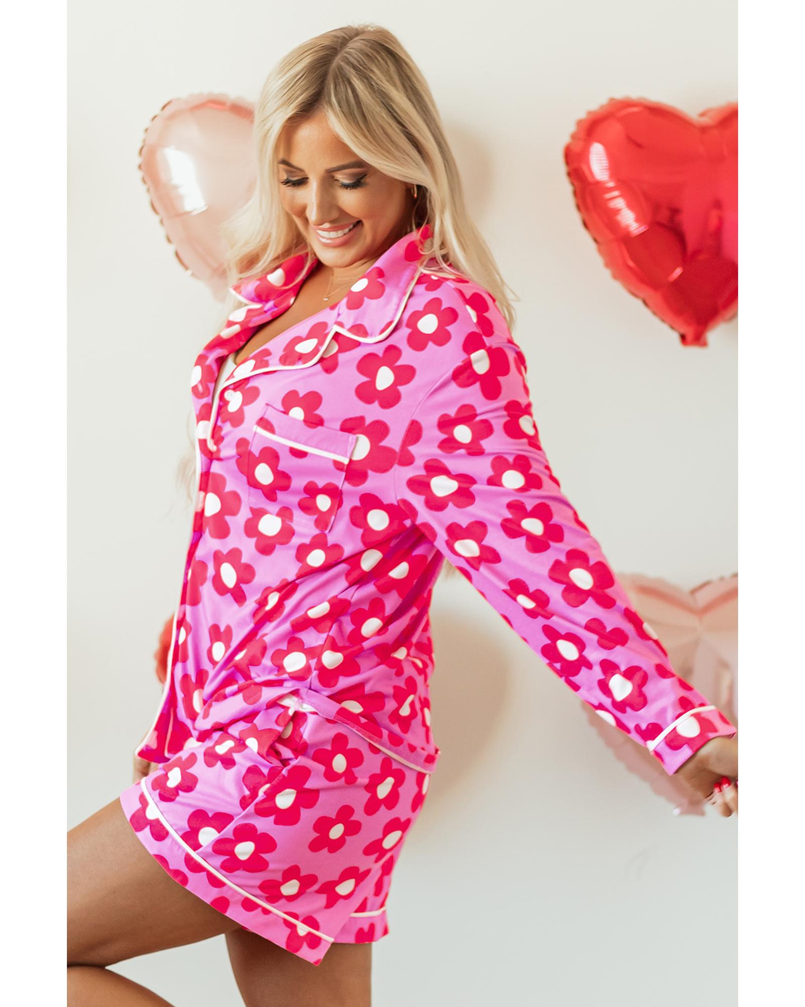 Pink Flower Print Long Sleeve Shirt Shorts Pajamas Set - M