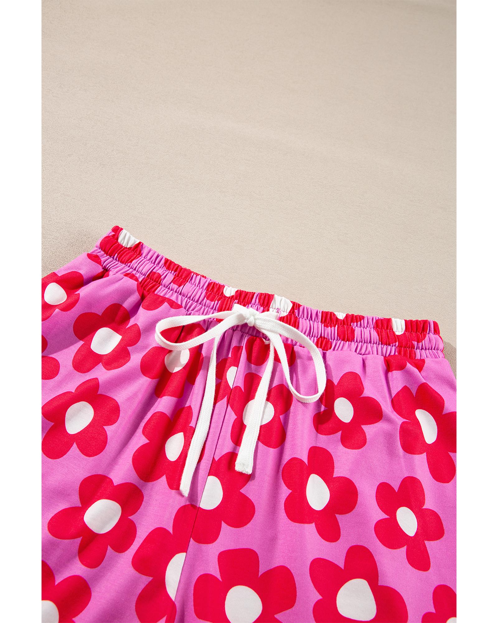 Pink Flower Print Long Sleeve Shirt Shorts Pajamas Set - M