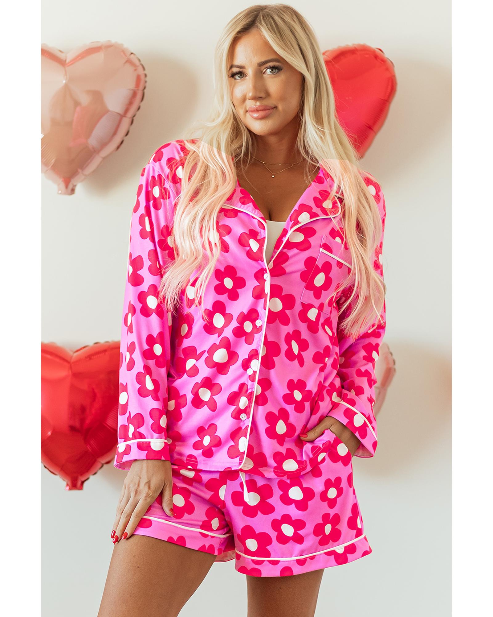 Pink Flower Print Long Sleeve Shirt Shorts Pajamas Set - M