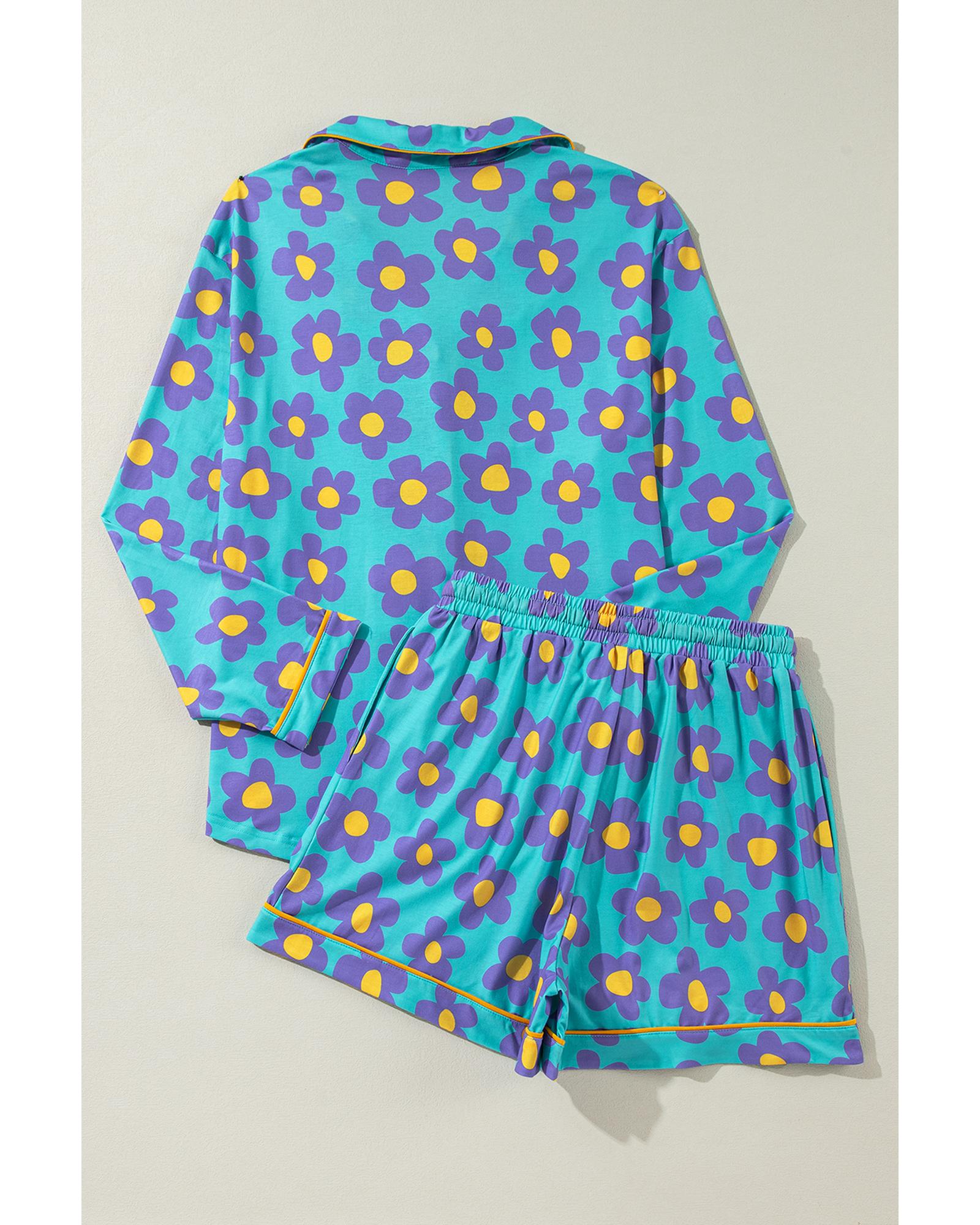 Green Flower Print Long Sleeve Shirt Shorts Pajamas Set - M